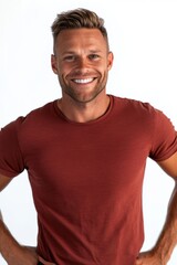 Smiling man portrait with light skin and short hair poses on a white background wearing a red shirt with hands on hips