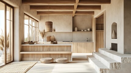 Bright Spacious Kitchen Interior with Natural Wood Accents and Warm Light