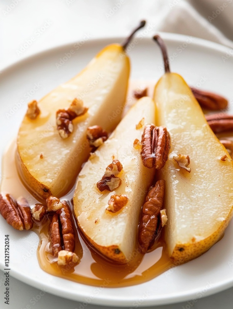 Poster three pears on a white plate. the pears are cut in half and are arranged in a triangular formation. 