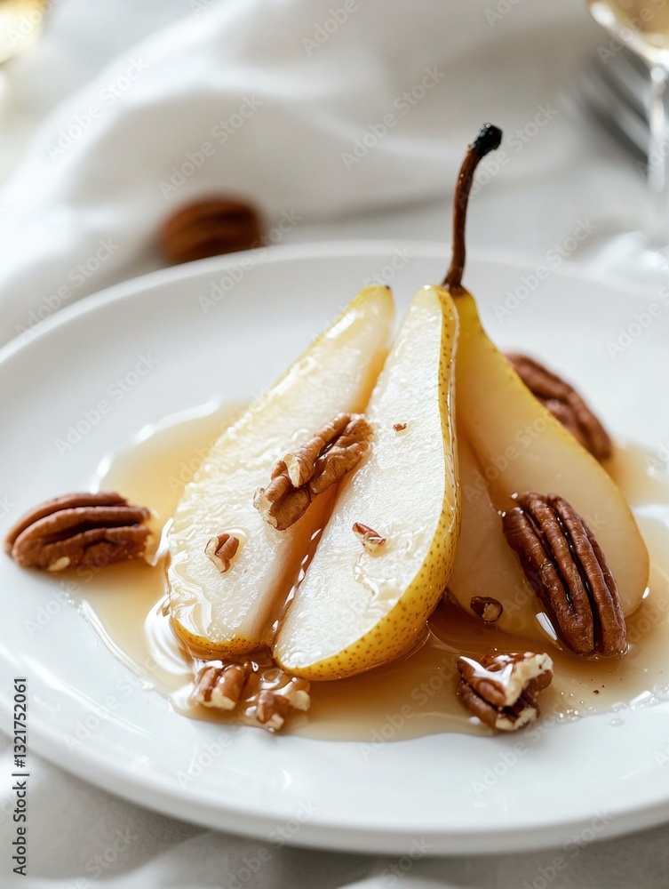 Poster white plate with three pears on it. the pears are cut in half and are arranged in a circular pattern