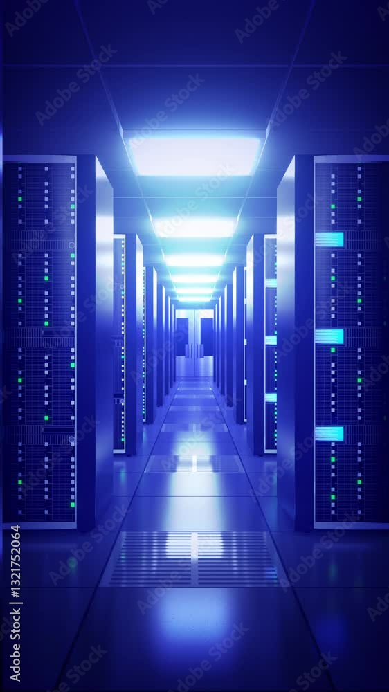 Poster server racks on both sides - storage or hosting concept - 3d 4k vertical animation with blue filter 