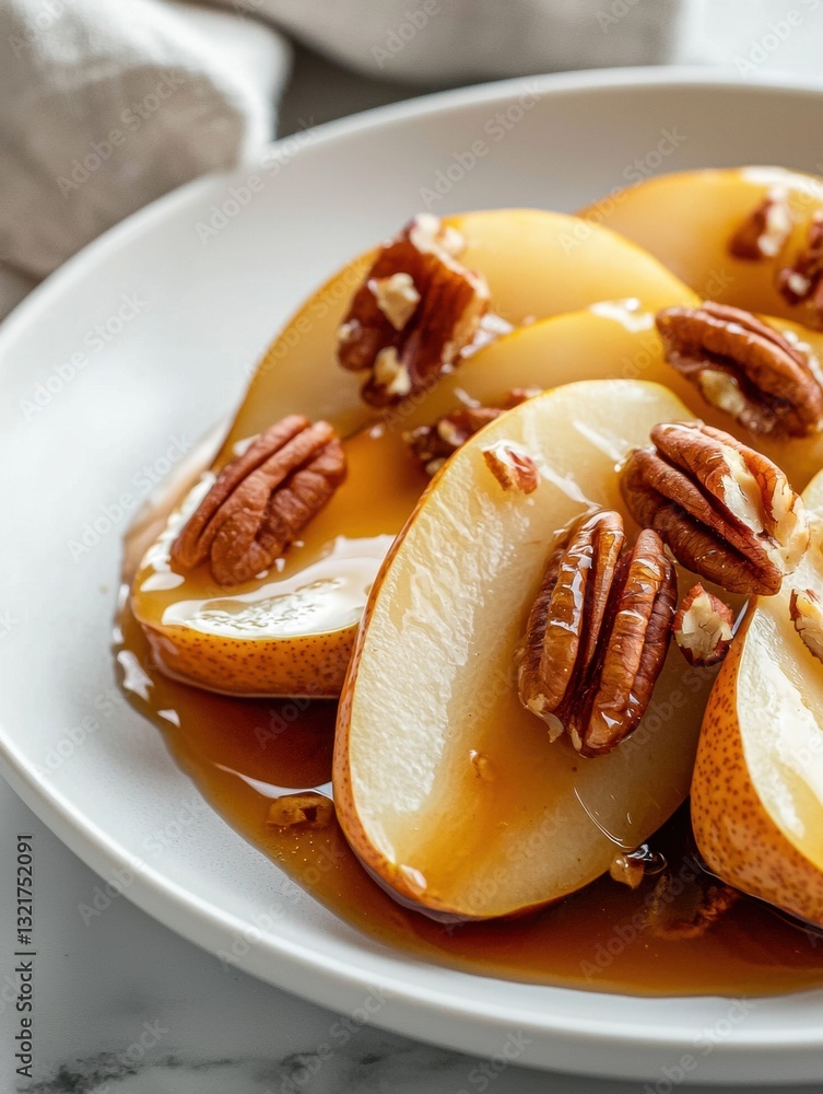 Poster white plate with a dish of sliced pears on it. the pears are arranged in a circular pattern on the p