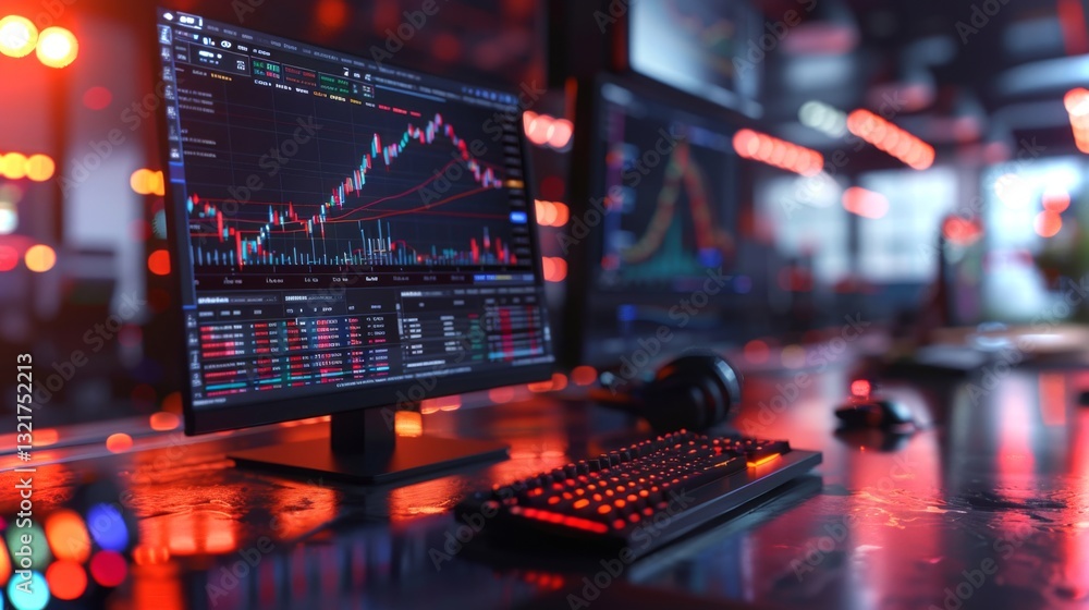 Poster A busy trading environment features multiple screens displaying stock market data and charts, illuminated by dynamic LED lights, as traders focus on their strategies.