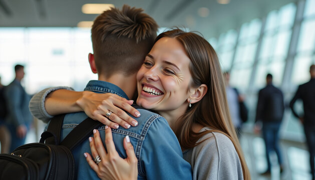 Mother and Son Reunion Embracing with Warmth in a Public Space
