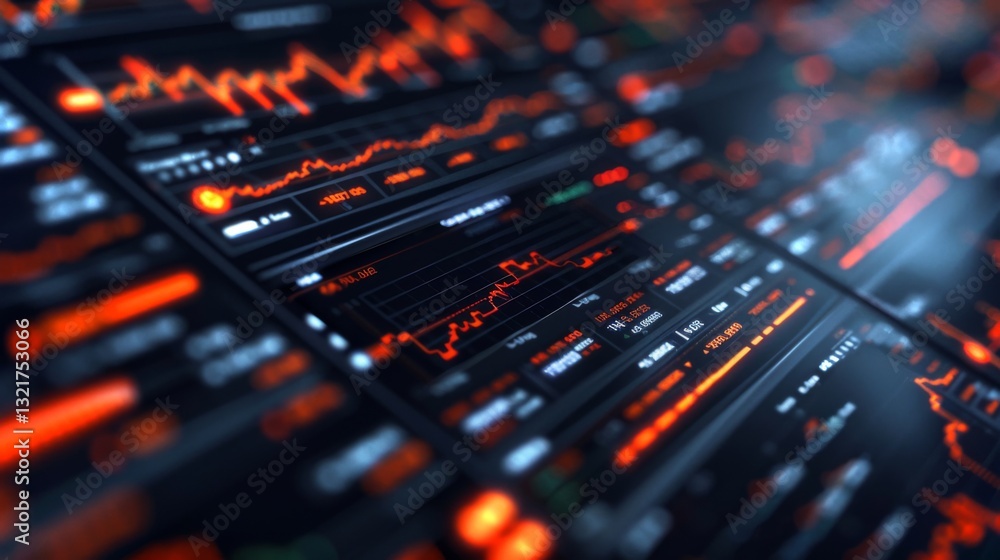 Poster Digital dashboard displaying various stock market data and trends with orange and red lines illustrating fluctuations, observed in a modern workspace during the day.