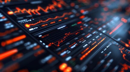 Digital dashboard displaying various stock market data and trends with orange and red lines illustrating fluctuations, observed in a modern workspace during the day.
