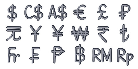 Hand drawn currency symbol set Dollar euro pound ruble yuan yen won rupee lira franc peseta baht ringgit rupiah