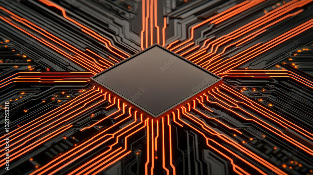 Poster intricate orange circuit board with black central processing unit