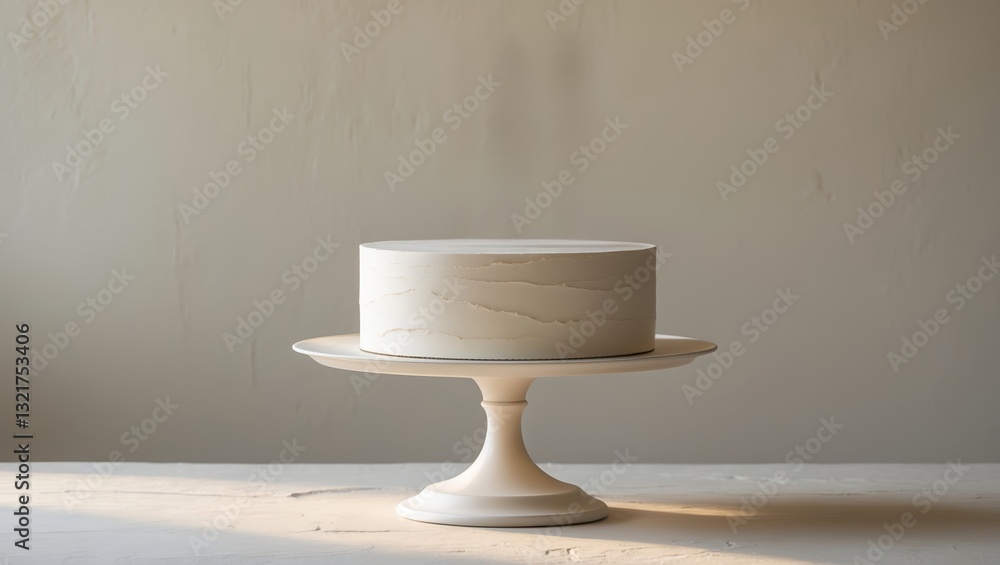 Poster elegant cake displayed on a simple stand in a minimalist setting at a softly lit bakery