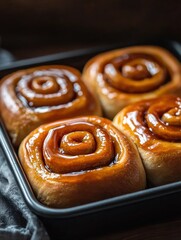 Fototapeta premium Four freshly baked cinnamon buns in a black baking tray. the buns are golden brown in color and have a swirl pattern on top.
