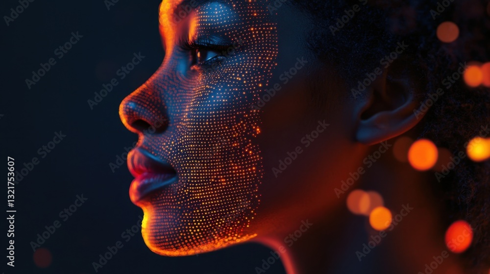 Poster a person using biometric access control with a glowing facial recognition grid