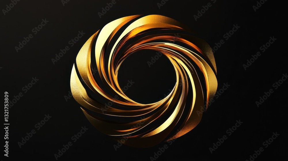 Poster a circular golden design composed of repeating curved metallic shapes