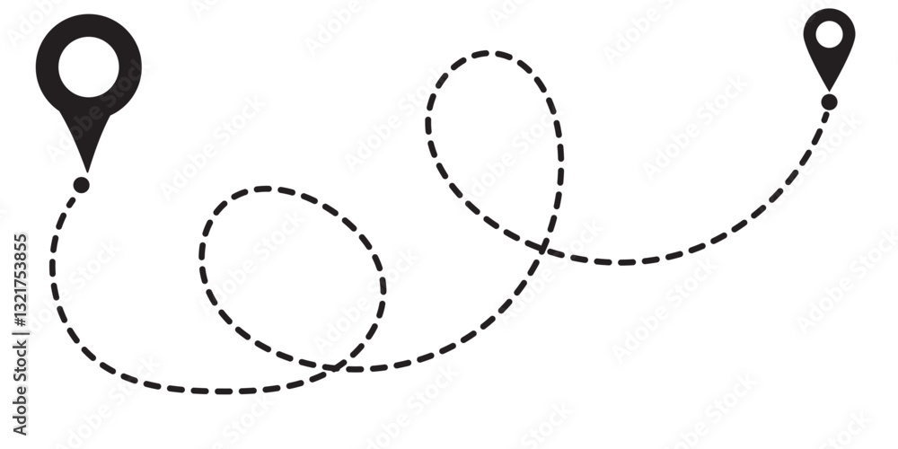 Poster route optimization line icon, route icon between two points with dotted path and location pin. route