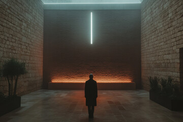 Obraz premium A man stands in a dark room with a brick wall and a lit up line