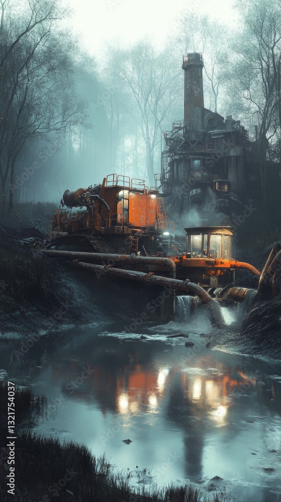 Poster a heavy machinery operator navigates his machine through a misty river, carefully avoiding obstacles