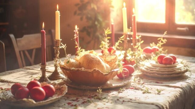 Warm candlelit Easter table with festive bread and eggs