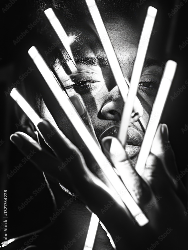 Aufkleber A person holds neon lights in front of their face, creating a colorful and illuminated display