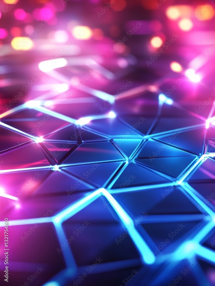Poster abstract geometric network - close-up view of an abstract geometric pattern with glowing neon blue a