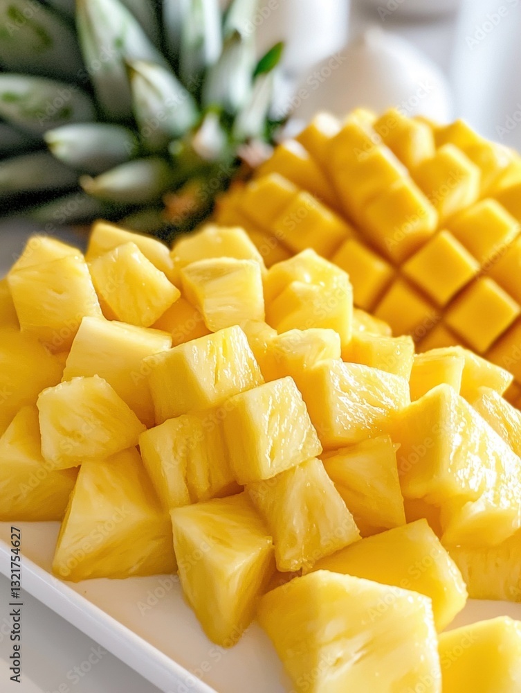 Poster white rectangular plate with several slices of pineapple arranged in a circular pattern. the pineapp