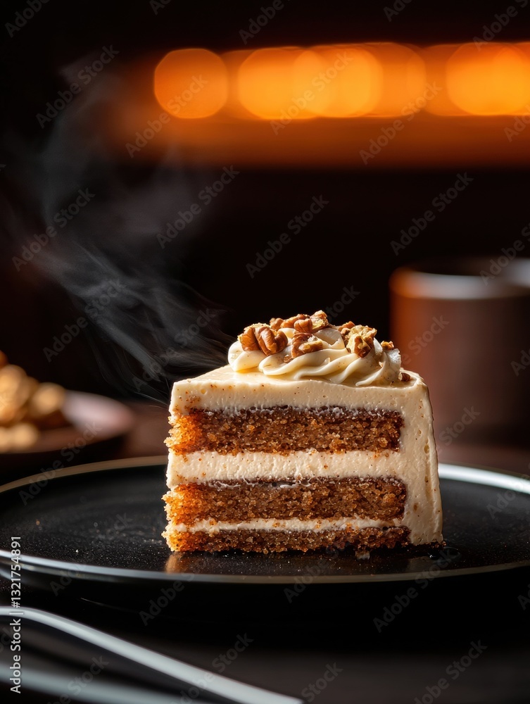 Poster slice of cake on a black plate. the cake is a carrot cake with a layer of white frosting on top. the
