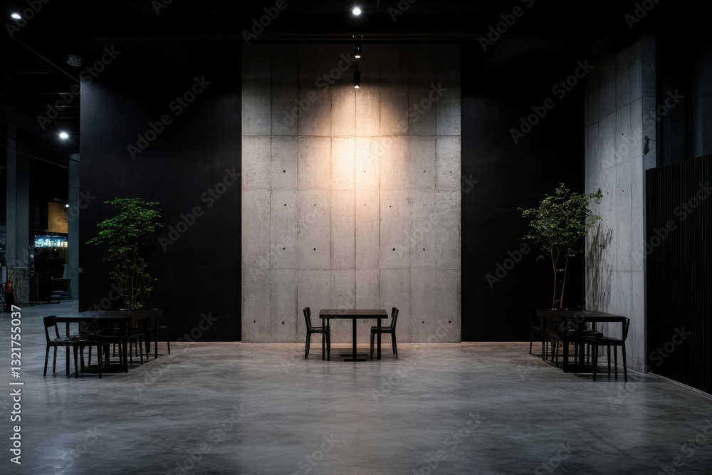 Poster a large empty room with a table and chairs in the middle