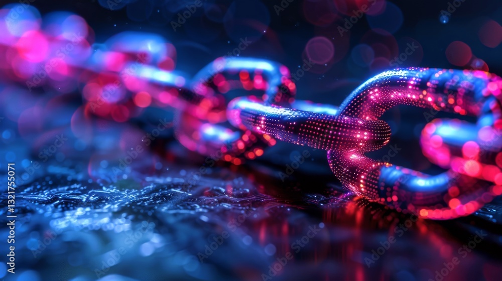 Poster Glowing chain links interconnected on a dark reflective surface create a striking contrast with vibrant purple and blue hues, highlighting intricate details and texture.