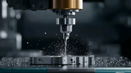 Close Up of a CNC Machine Drilling Into Metal Part With Sparks and Coolant Spray in a Dark Industrial Setting