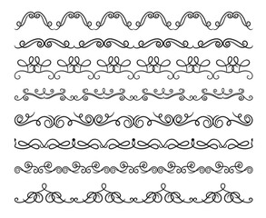 Swirl decorative borders. Vintage elegant dividers. Retro lace ornaments. Flourish frame. Outline motif elements. Curved calligraphic lines. Embellish underlines. Splendid vector set