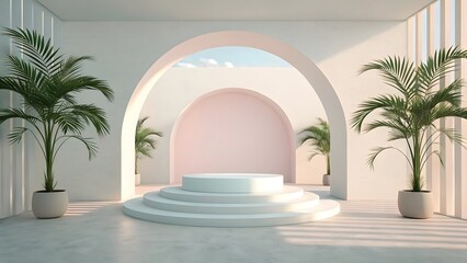 Minimalist Indoor Space with Archways and Potted Palm Plants