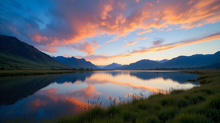 Serene landscape with vibrant clouds reflecting on a tranquil lake surrounded by lush green grass and distant mountains under a blue sky