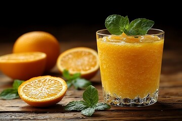 Orange smoothie for rustic wood, fresh fruit.