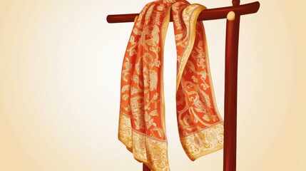 Stunning Orange Traditional Textile Displayed on a Wooden Stand