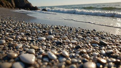 Obraz premium Natural Pebble Texture Background - Close-up of Smooth Beach Stones and Sea - Graphic Resource of Coastal Stone Detail