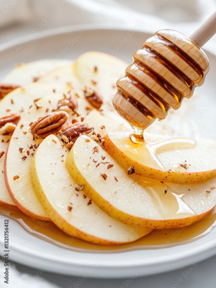 Poster white plate with sliced apples arranged in a circular pattern on it. the apples are cut into thin sl