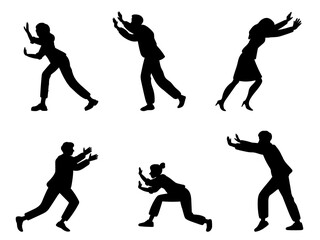 Silhouettes pushing men and women. People press with efforts. Strength action. Persons pulling blocks. Businessman challenge. Uphill struggle. Power and persistence. Vector move poses set