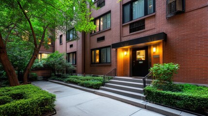 Obraz premium Brick Apartment Building Entrance - Evening view of a brick apartment building entrance with lush greenery. Steps lead to a dark door