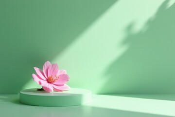 A delicate pink blossom rests on a minimalist pale green platform, bathed in soft sunlight casting gentle shadows.