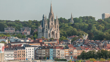 Naklejka premium Aerial view of Notre Dame de Laeken church spires timelapse in Brussels, Belgium.