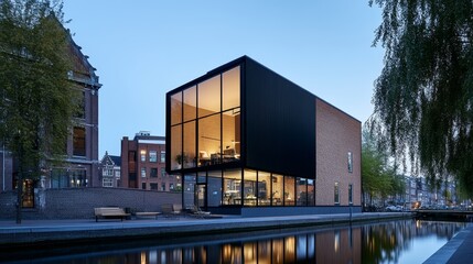 Naklejka premium Canal House Modern Architecture Design - A contemporary house by a canal, showcasing modern architecture, water reflection, evening ambiance, and urban design. Symbolising serenity, innovation