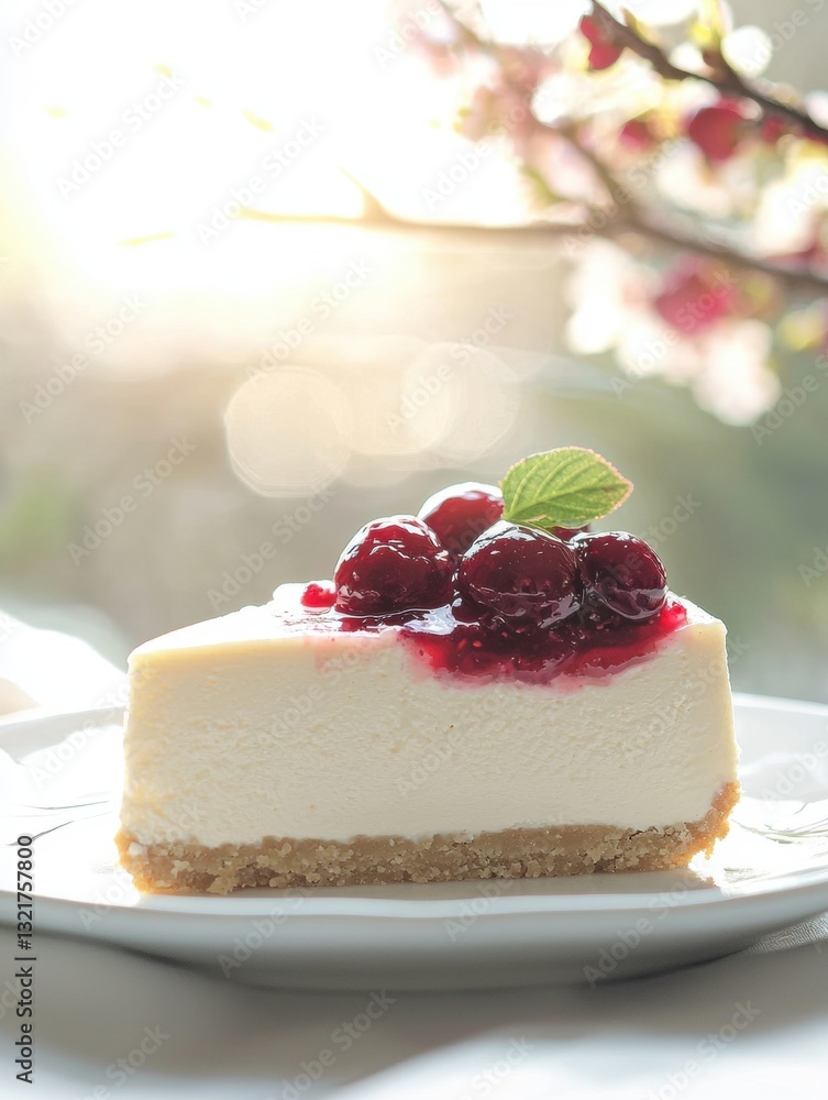 Poster slice of cheesecake on a white plate. the cheesecake is a creamy white color and has a layer of red 