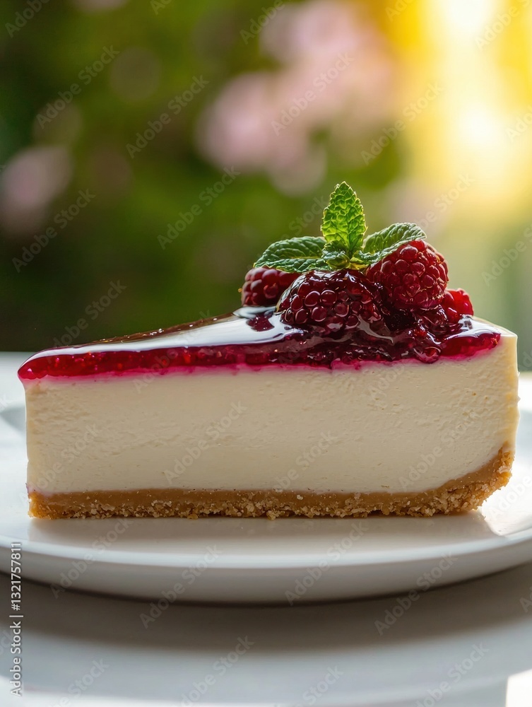 Poster the image is of a slice of cheesecake on a white plate. the cheesecake has a creamy white base with 