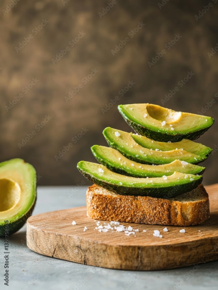 Poster wooden cutting board with a slice of bread on it. on top of the bread, there are several slices of a