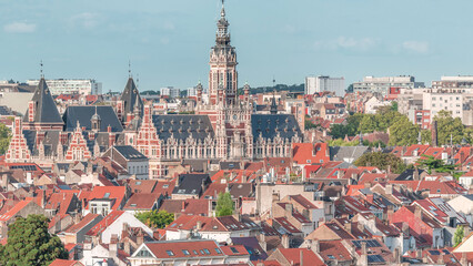Aerial view of Schaerbeek Town Hall timelapse in Brussels, Belgium.
