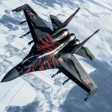 Su-37 with black and red tiger camouflage, military aircraft illustration.