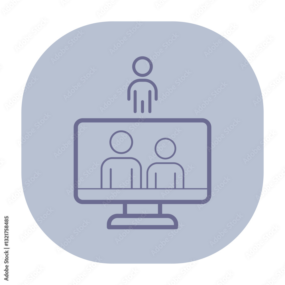 Poster two figures on computer screen with another figure above, representing virtual meeting or online com
