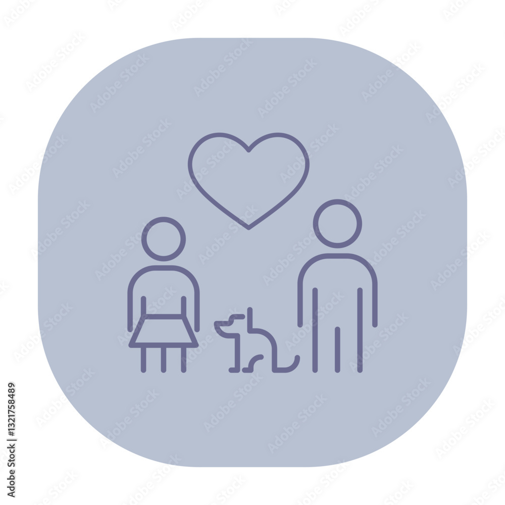 Poster two figures standing side by side with dog in front, all depicted in simple line style. love and con