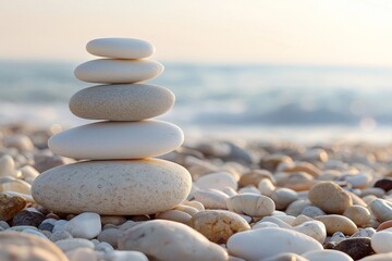 Zen stones stacked on seashore symbolize serenity and balance in nature