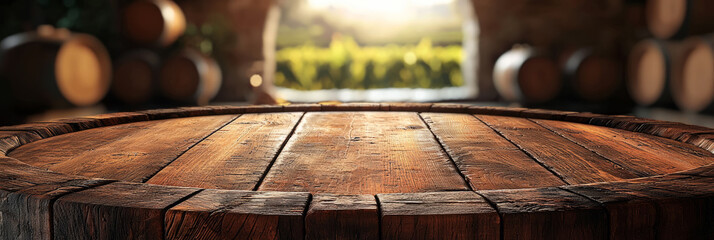 Rustic Wooden Barrel Table in Vineyard Sunset