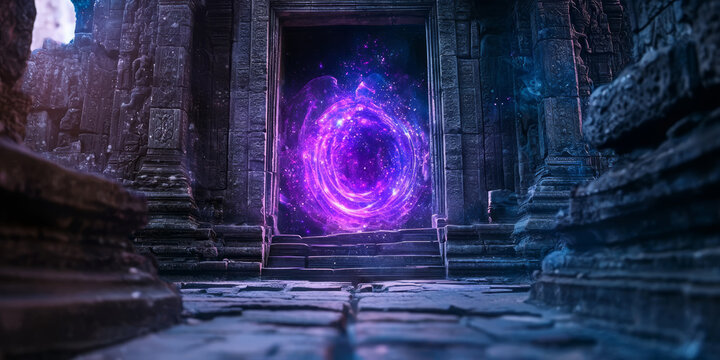 Ethereal portal in a dark ancient temple, pulsating with purple and blue magical light