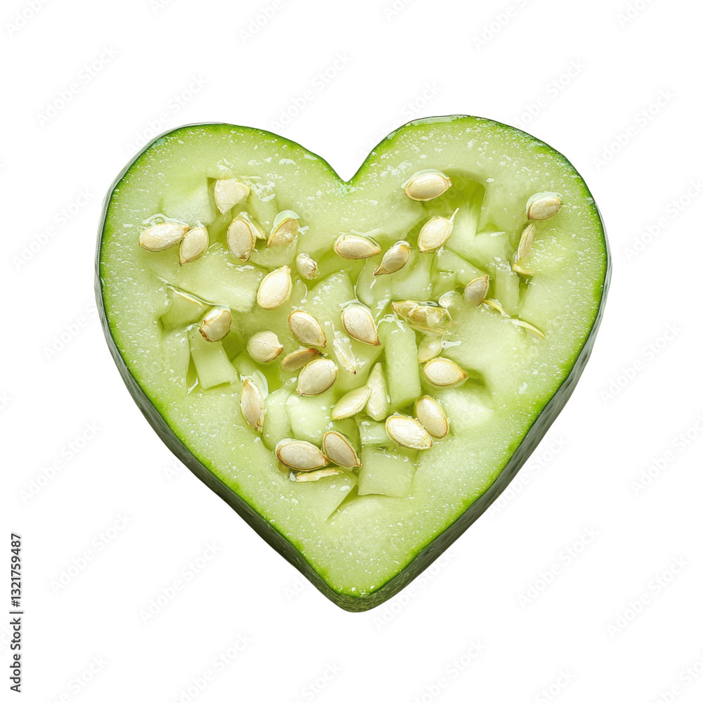 Poster heart-shaped cucumber slice with seeds on white background